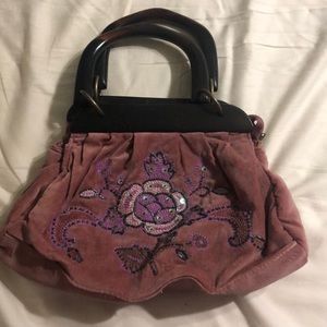 Dusty rose color velvet purse with wooden handles